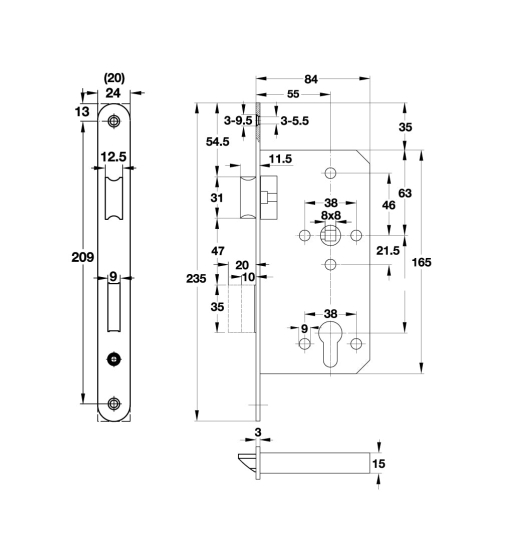 Thân khóa lưỡi gà và chốt chết Hafele E55/72A 911.25.100
