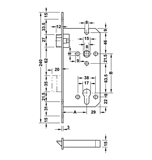 Thân khóa lưỡi gà chốt chết Hafele BS 45/85mm 911.02.165