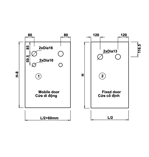 Bộ phụ kiện Hafele với ray trượt 2000 mm - Bộ cửa trượt phòng tắm kính (vuông) 981.71.101