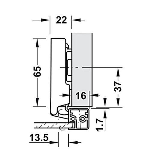 Bản lề Hafele Metalla SM 110° cho cửa khung nhôm, đóng giảm chấn - Lắp trùm ngoài 315.26.710