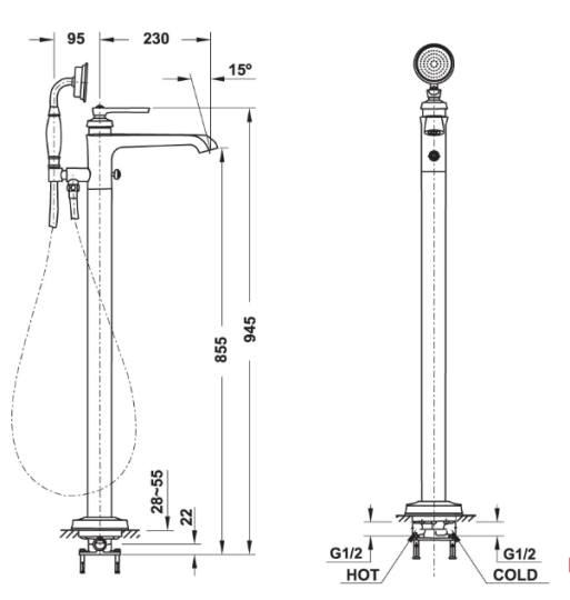 Bộ Trộn Bồn Tắm Đặt Sàn Kyoto Hafele 589.35.033
